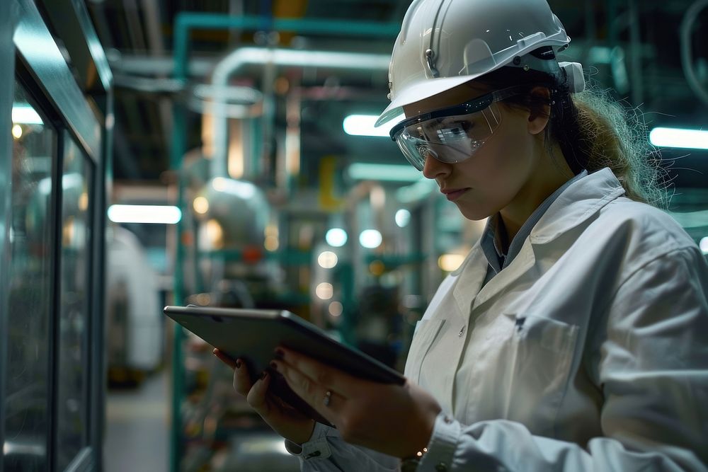 Engineer using a tablet on a machine factory hardhat helmet.