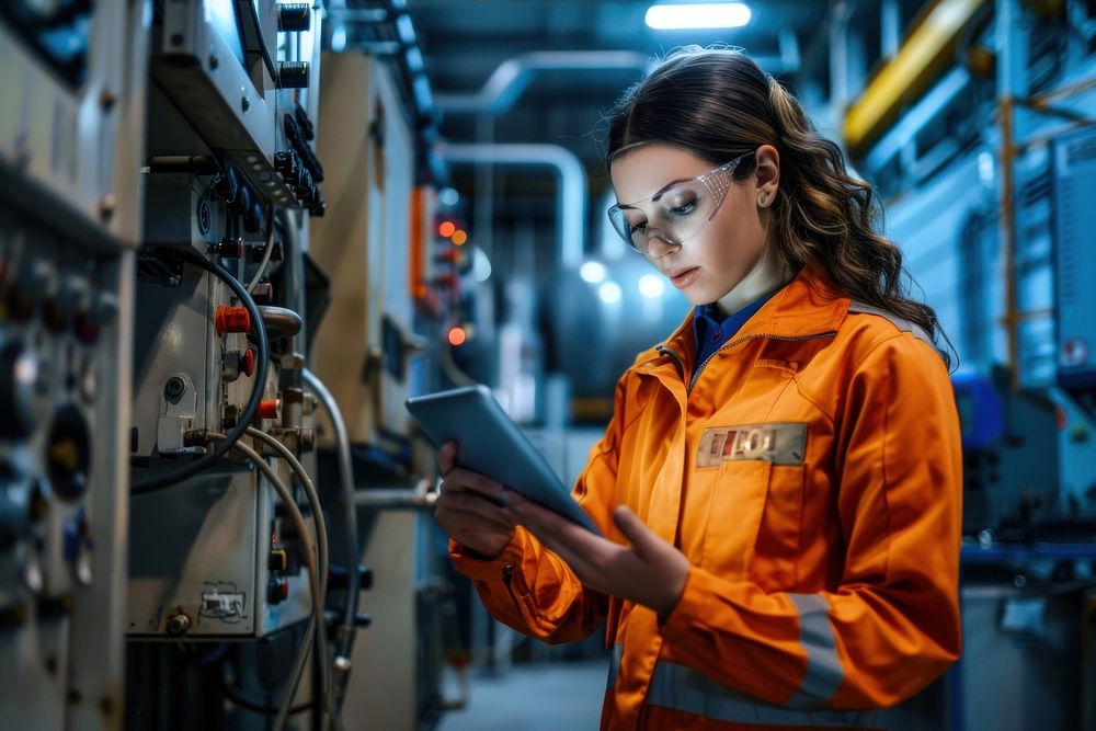 Engineer using a tablet on a machine factory female engineering.