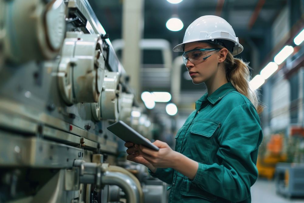 Engineer using a tablet on a machine factory hardhat helmet.