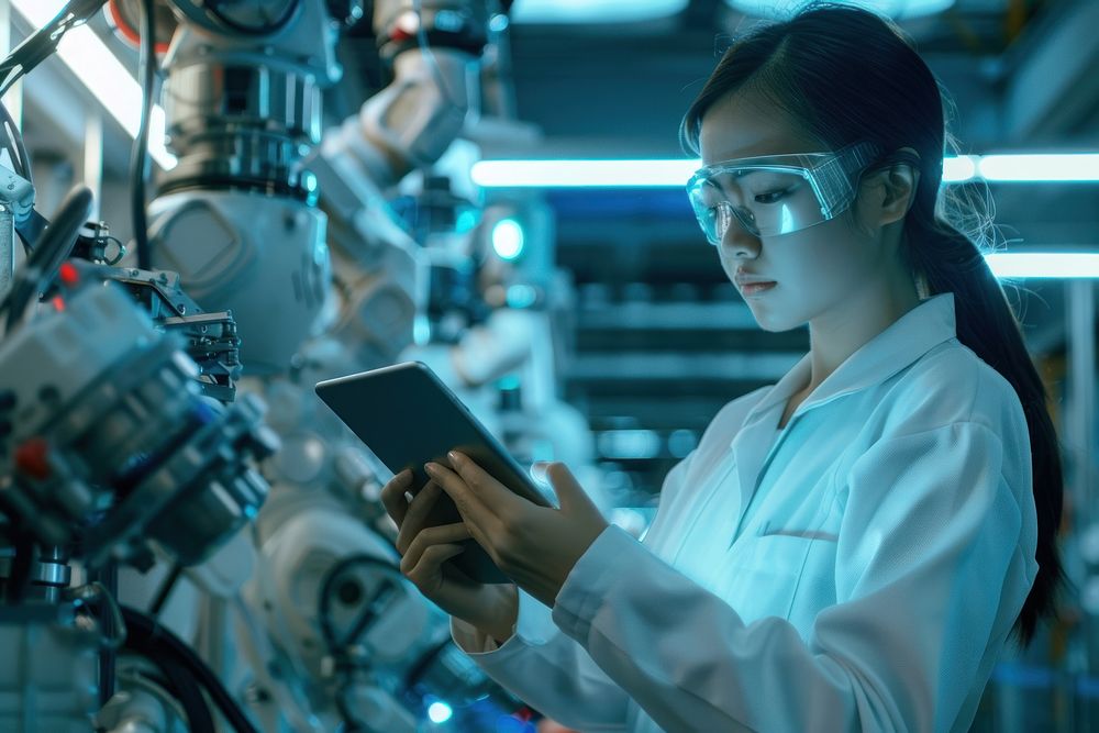 Engineer using a tablet on a machine scientist factory female.