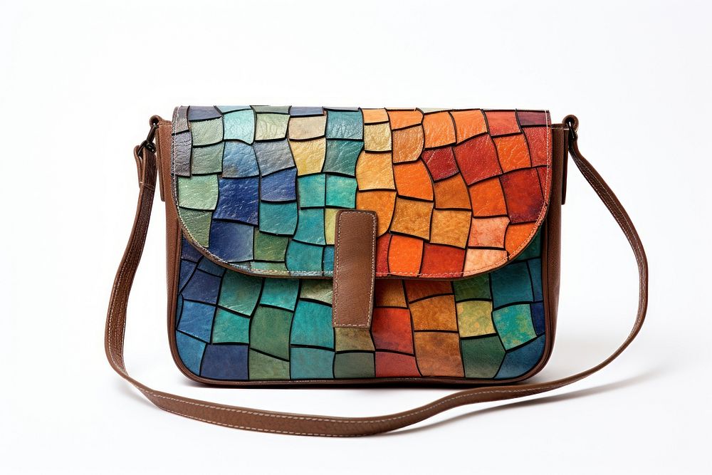 Mosaic tiles art of woman bag handbag purse white background.