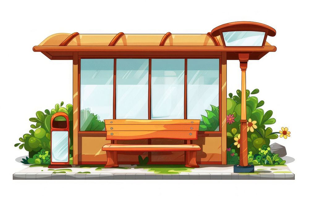 Cartoon of bus stop architecture building outdoors.