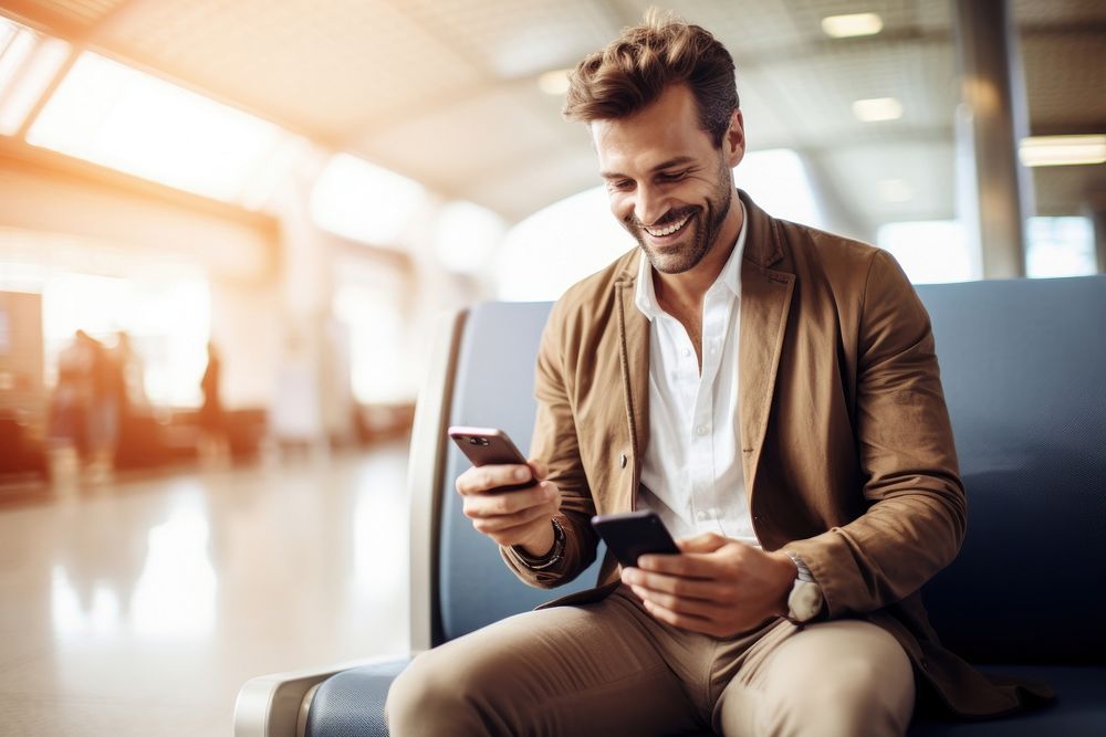 Happy traveler with flight ticket while he uses a mobile app sitting adult men.