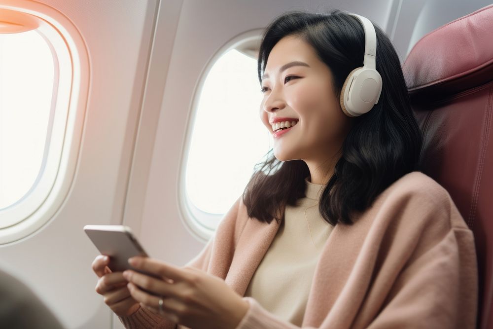 Happy traveler with flight ticket while he uses a mobile app headphones headset adult.