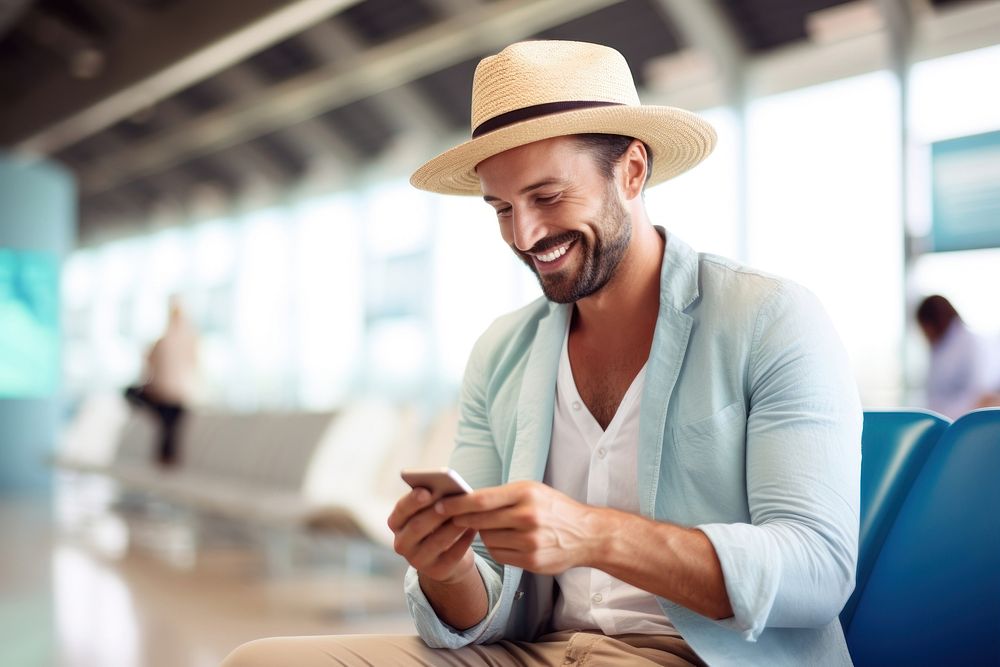 Happy traveler with flight ticket while he uses a mobile app sitting adult men.