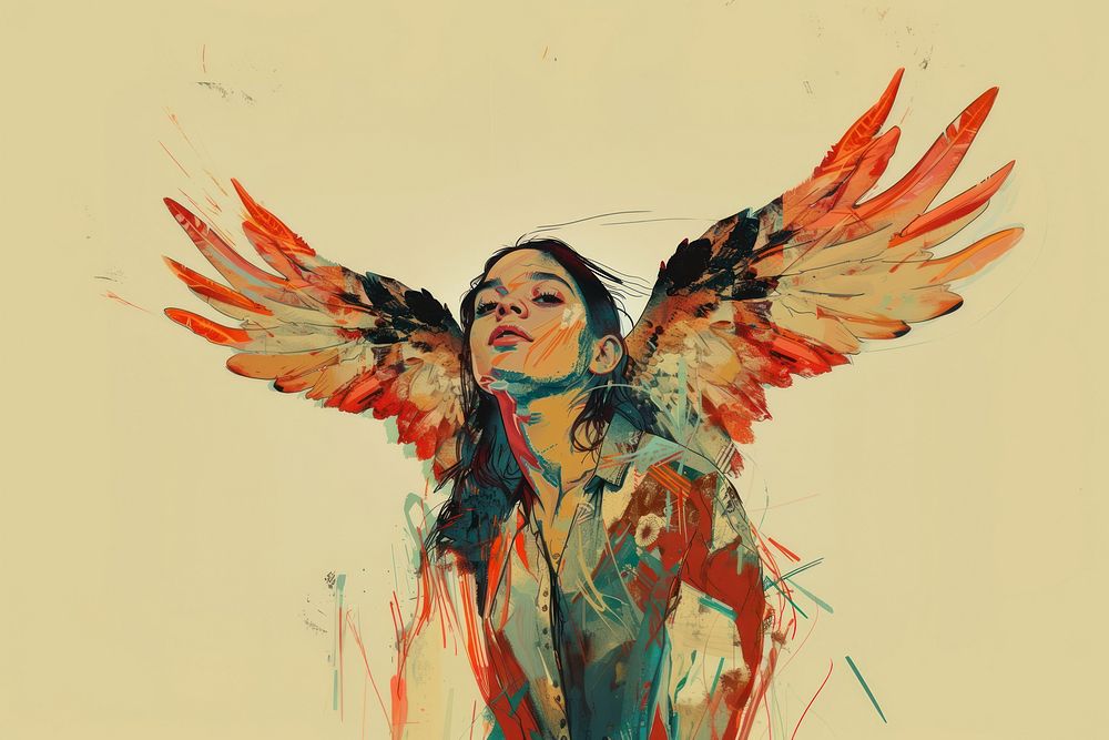 Drawing woman with broken wings art portrait painting.