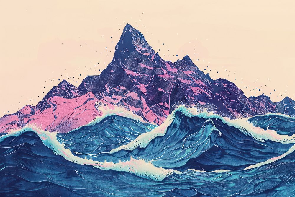 Drawing mountain with deep sea art nature tranquility.