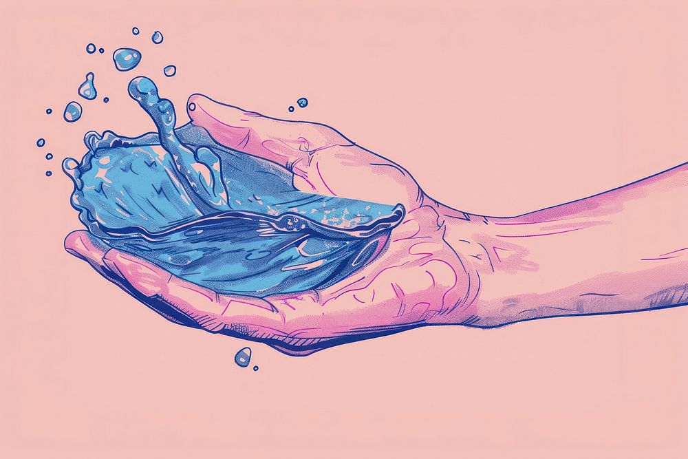 Drawing hand holding water outdoors cartoon washing.