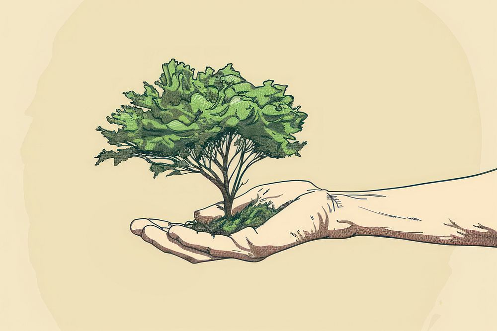Drawing hand holding small tree sketch plant green.