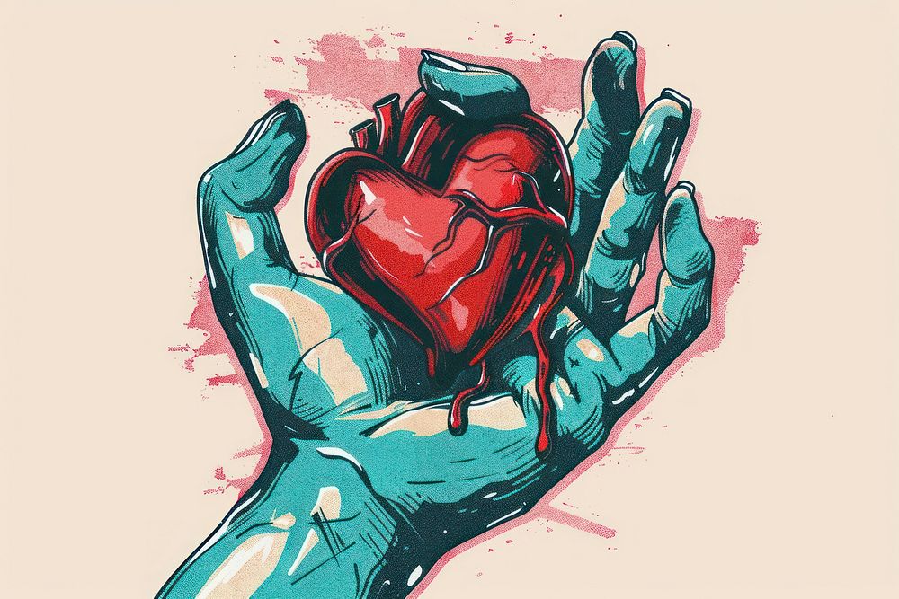 Drawing hand holding broken heart red creativity cartoon.