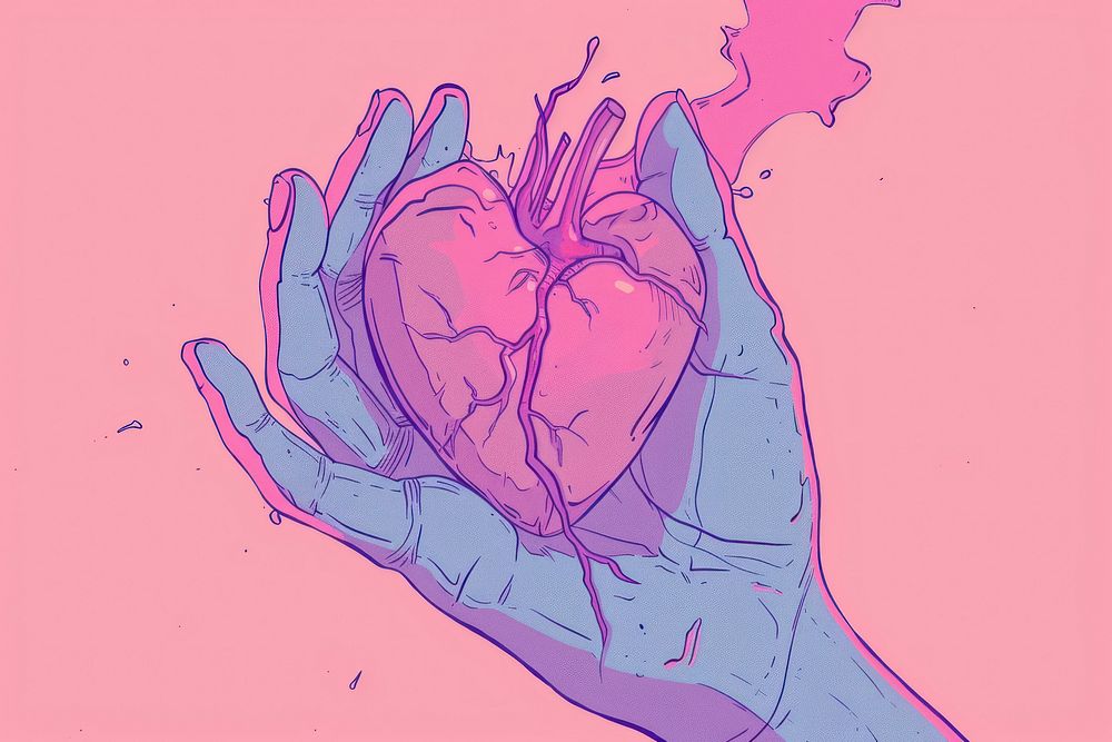 Drawing hand holding broken heart purple sketch illustrated.
