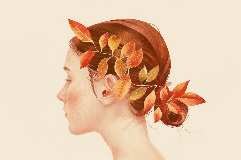 Drawing autumn leaves over ear art portrait adult.