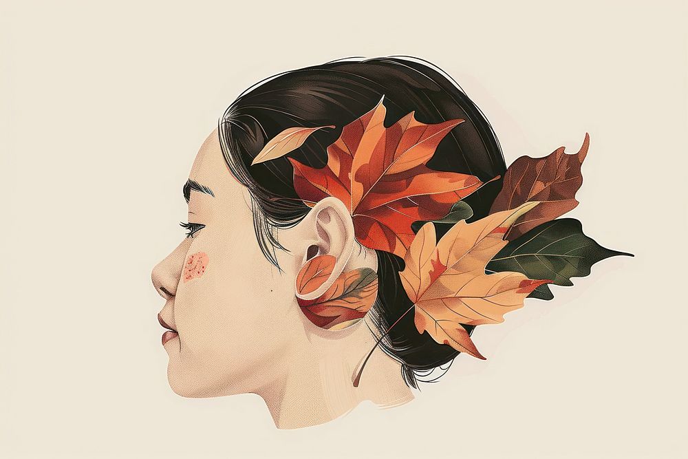 Drawing autumn leaves over ear art portrait plant.