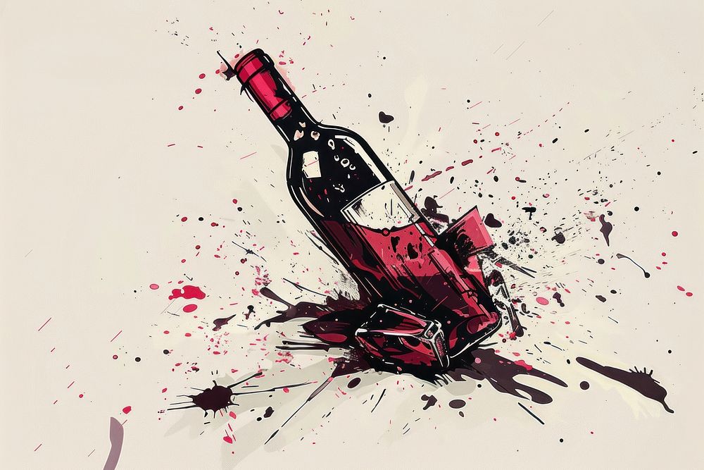 Drawing broken wine bottle drink red art.