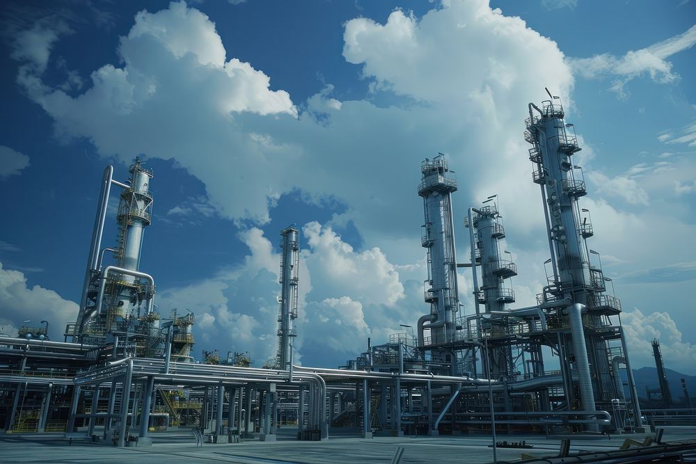 Oil refining plan under a cloudy sky in morning architecture refinery outdoors.