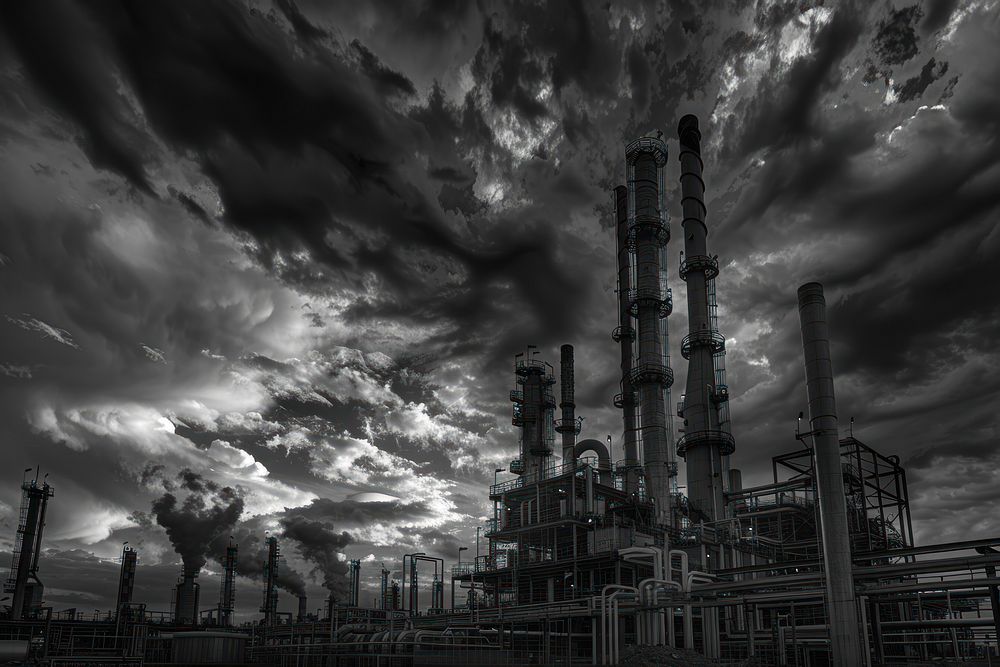 Oil refining plan under a cloudy sky in morning architecture refinery outdoors.