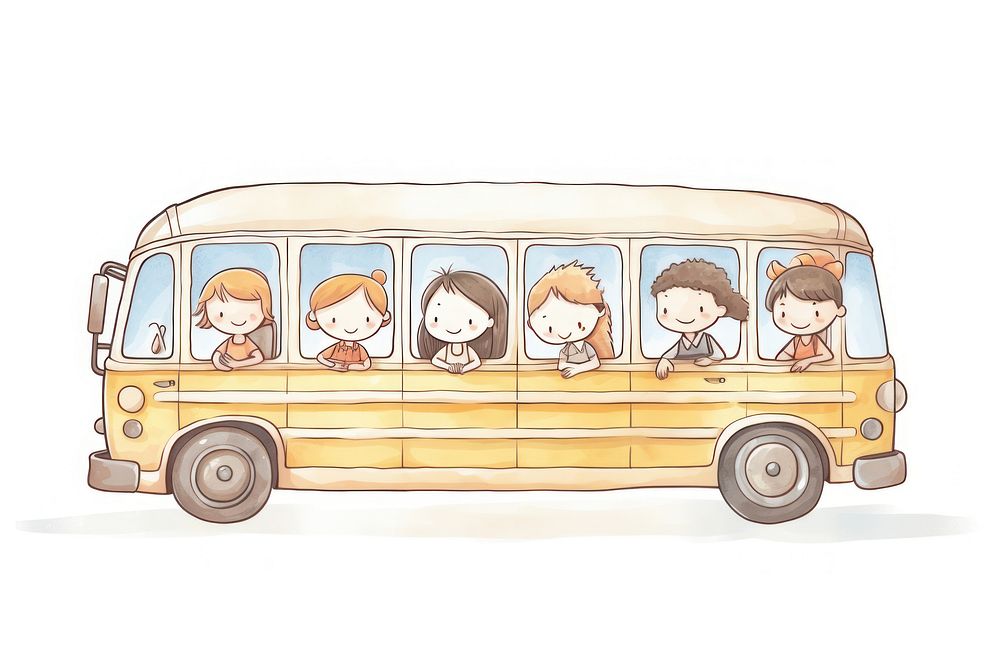 Children happy in school bus vehicle minibus white background.