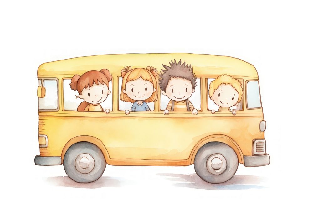 Children happy in school bus vehicle car white background.