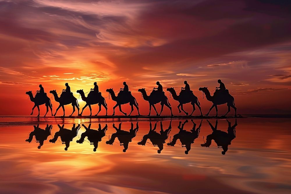 Camels riding at sunset silhouette outdoors animal.