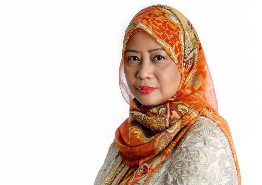 Common Malay woman portrait scarf white background.