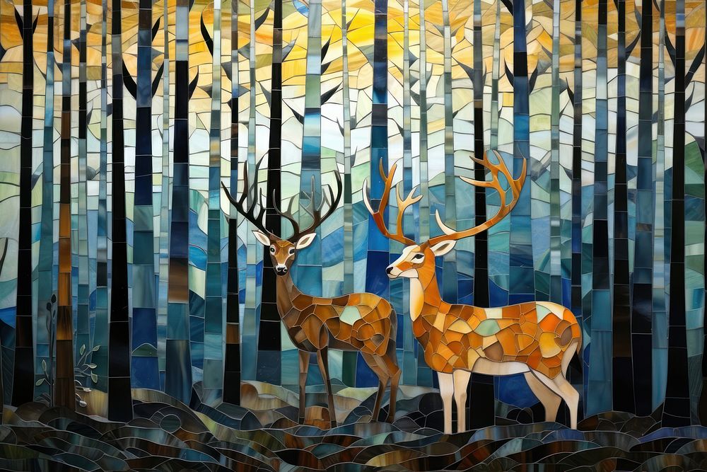 Patchwork of deer art wildlife painting.
