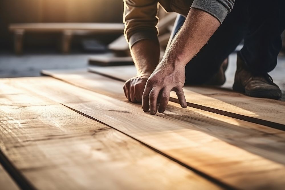 Carpenter making wooden flooring at home hardwood adult craftsperson.
