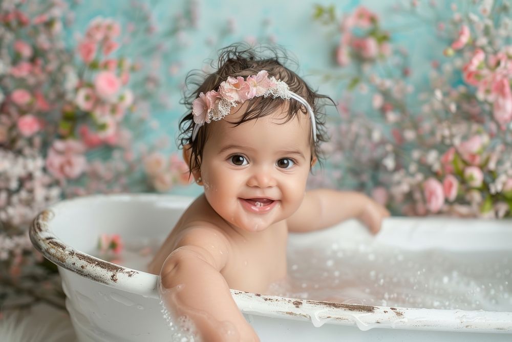 Baby girl in bathtub portrait bathing photo.
