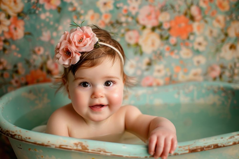Baby girl in bathtub portrait bathing happy.
