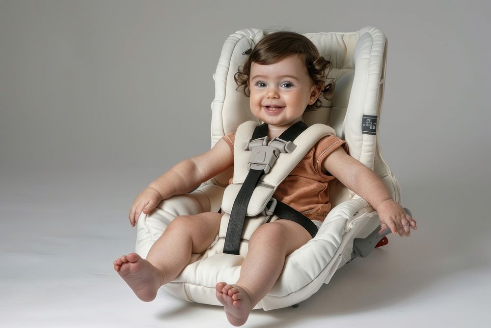 Baby girl with safty belt in cae seat portrait photo happy.