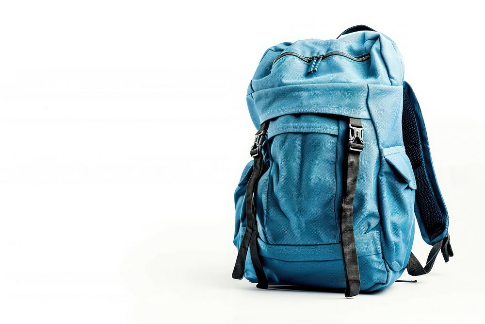 Backpack bag white background turquoise suitcase.