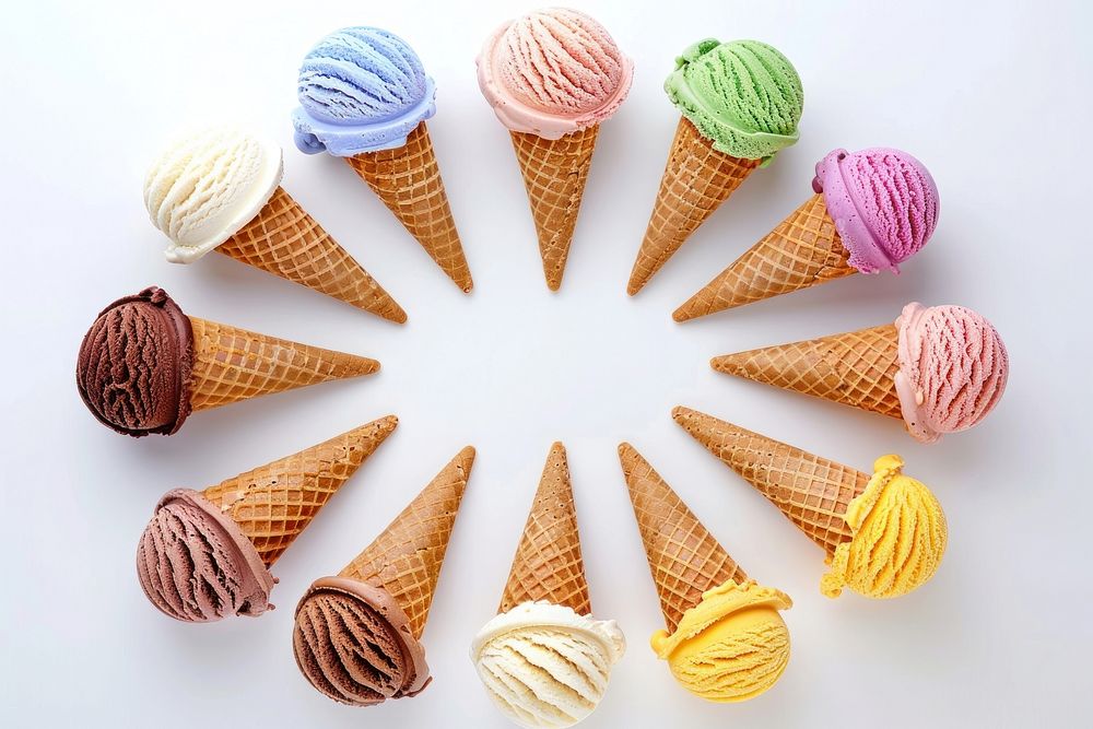 Photo of ice cream cones dessert food arrangement.