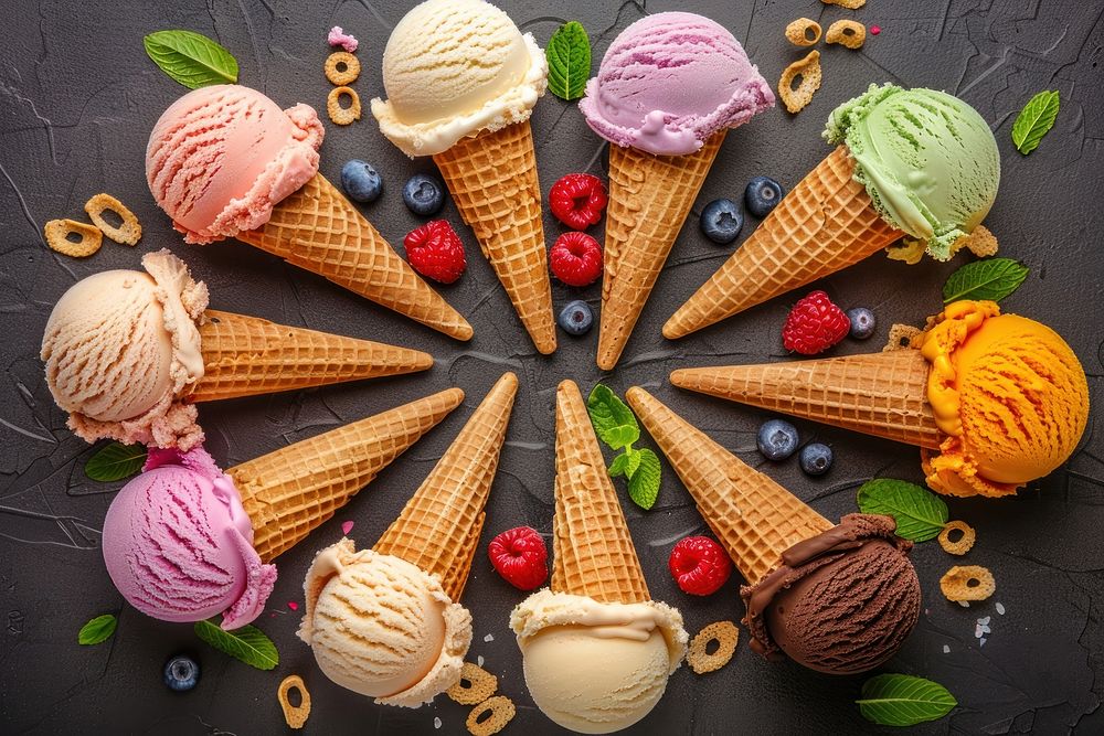 Photo of ice cream cones dessert food strawberry.