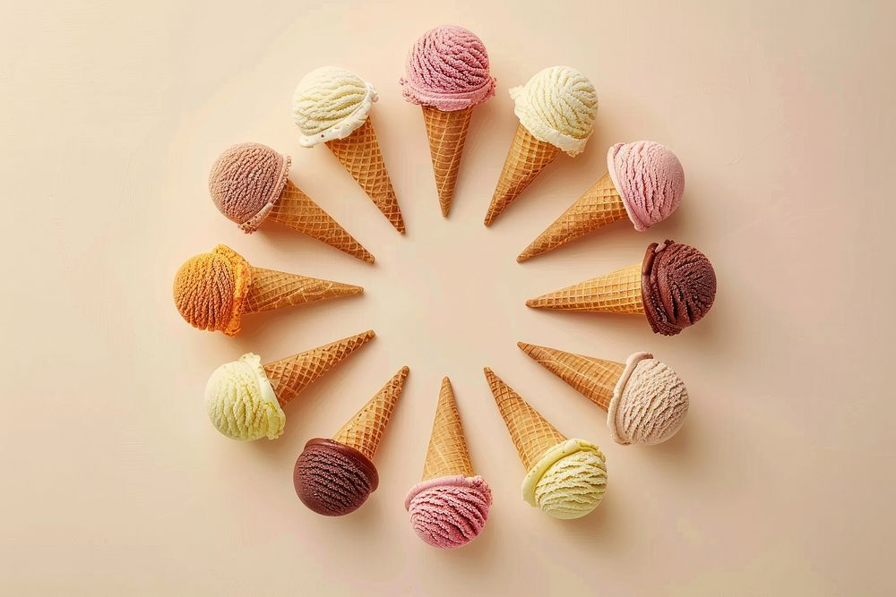 Photo of ice cream cones dessert food arrangement.