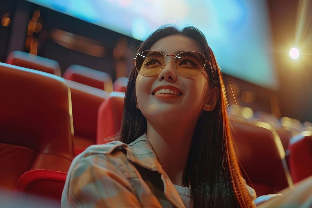 Thai woman happy watch movie in cinema glasses adult accessories.