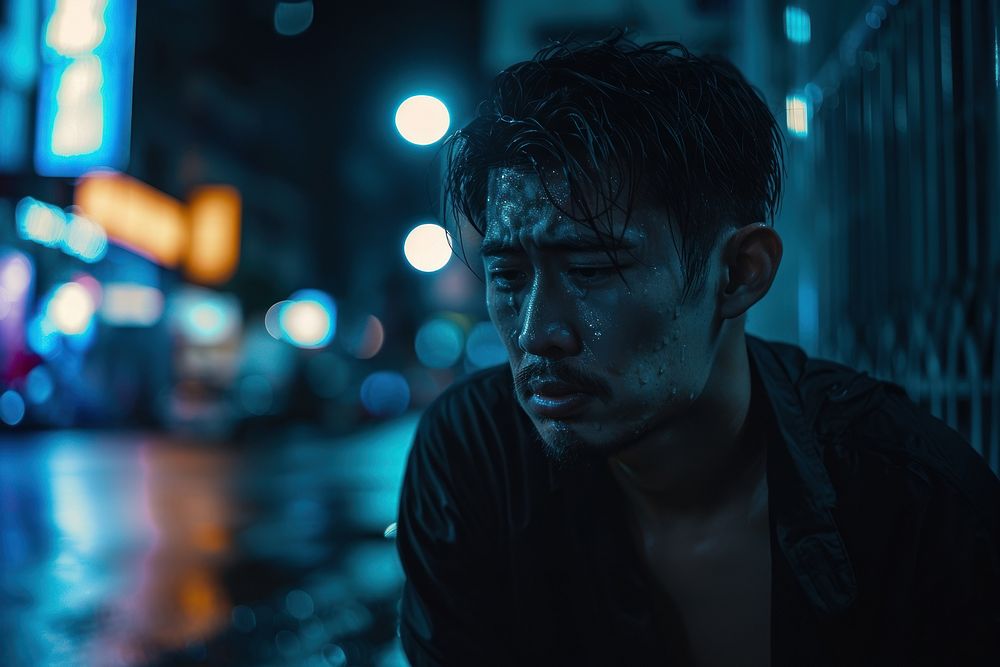 Thai man crying for girl night portrait adult.