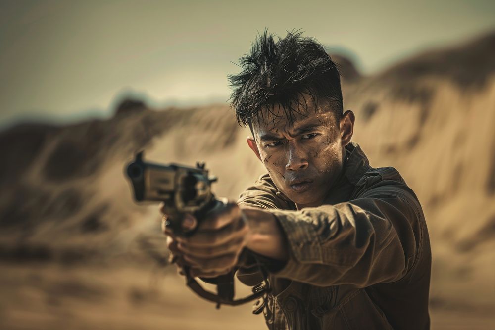 Thai man holding a gun in desert handgun weapon photo.