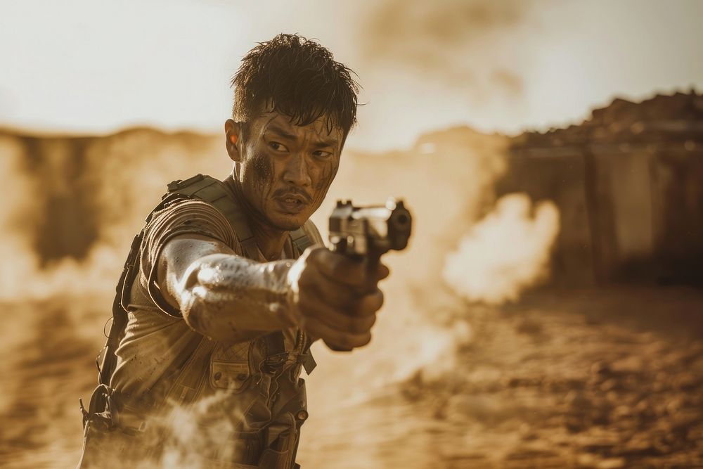 Thai man holding a gun in desert handgun weapon photo.