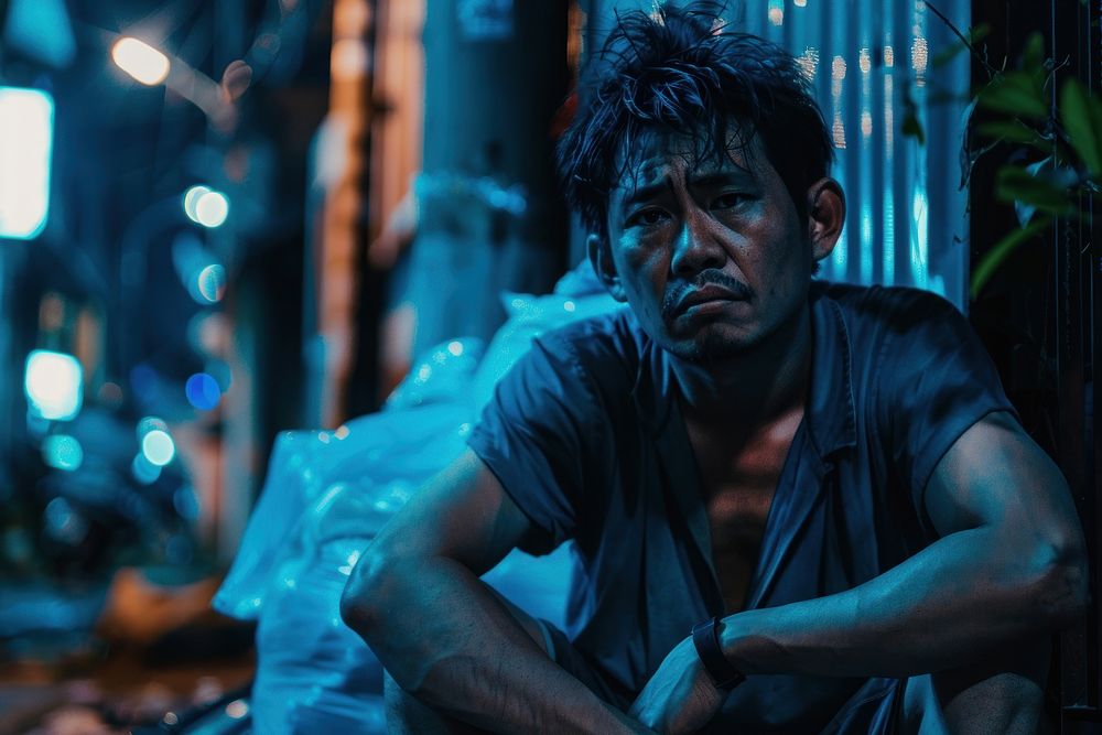 Thai man in movie portrait worried adult.