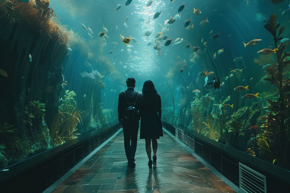 Couple walking in aquarium outdoors nature fish.