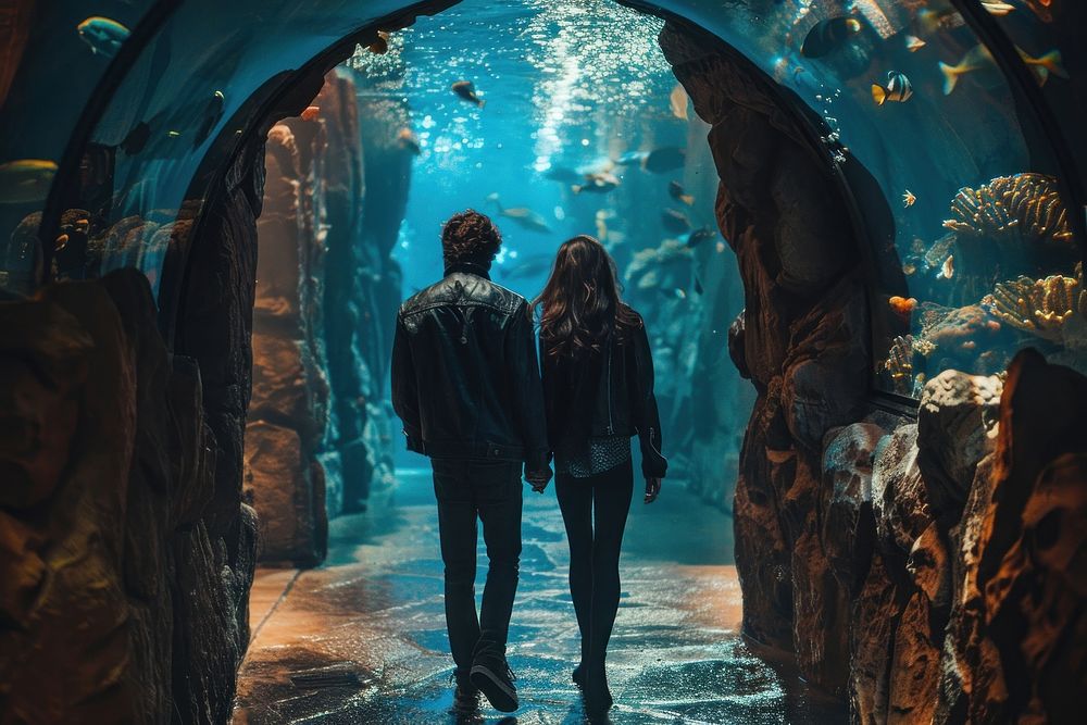 Couple walking in aquarium outdoors nature adult.