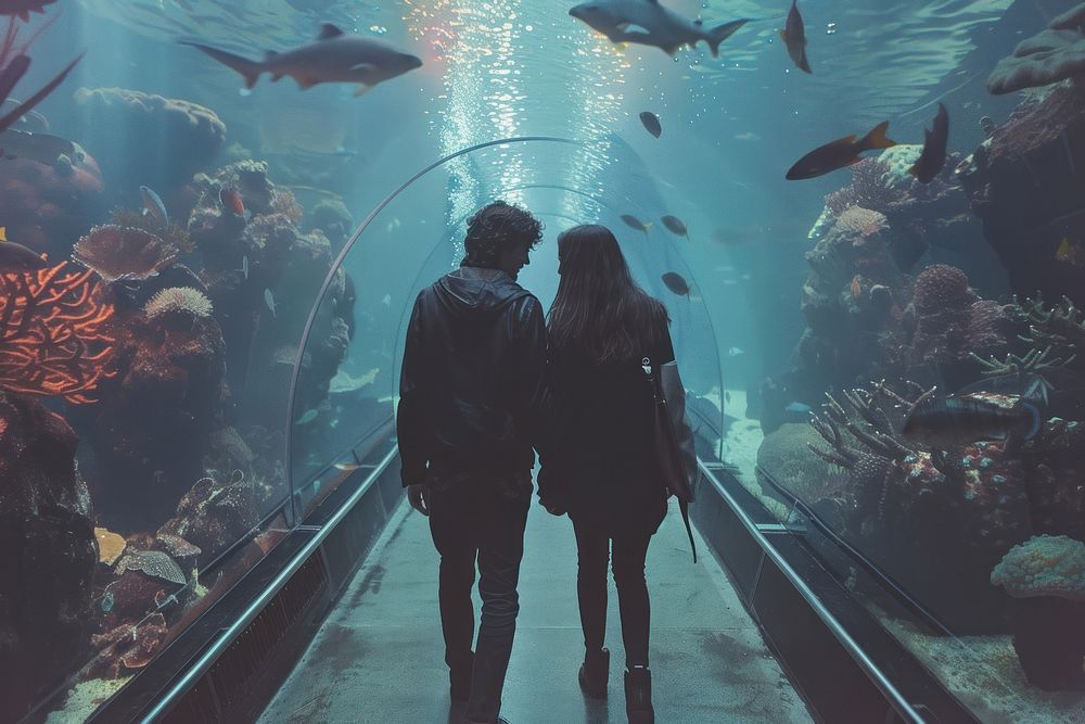 Couple walking in aquarium underwater outdoors nature.