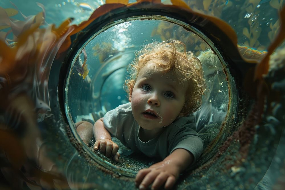 Kid explorer tunnel in aquarium photography portrait outdoors.