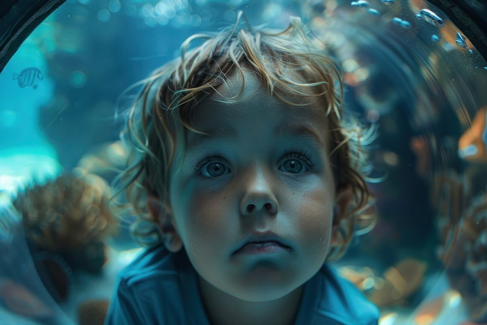Kid explorer tunnel in aquarium photography portrait baby.