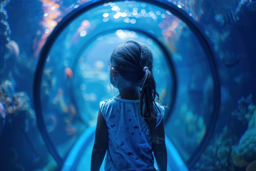 Kid explorer tunnel in aquarium outdoors nature child.
