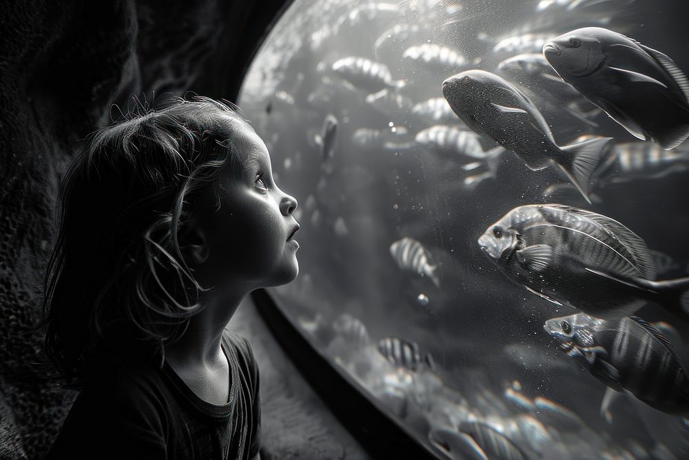 Kid explorer tunnel in aquarium photography portrait nature.