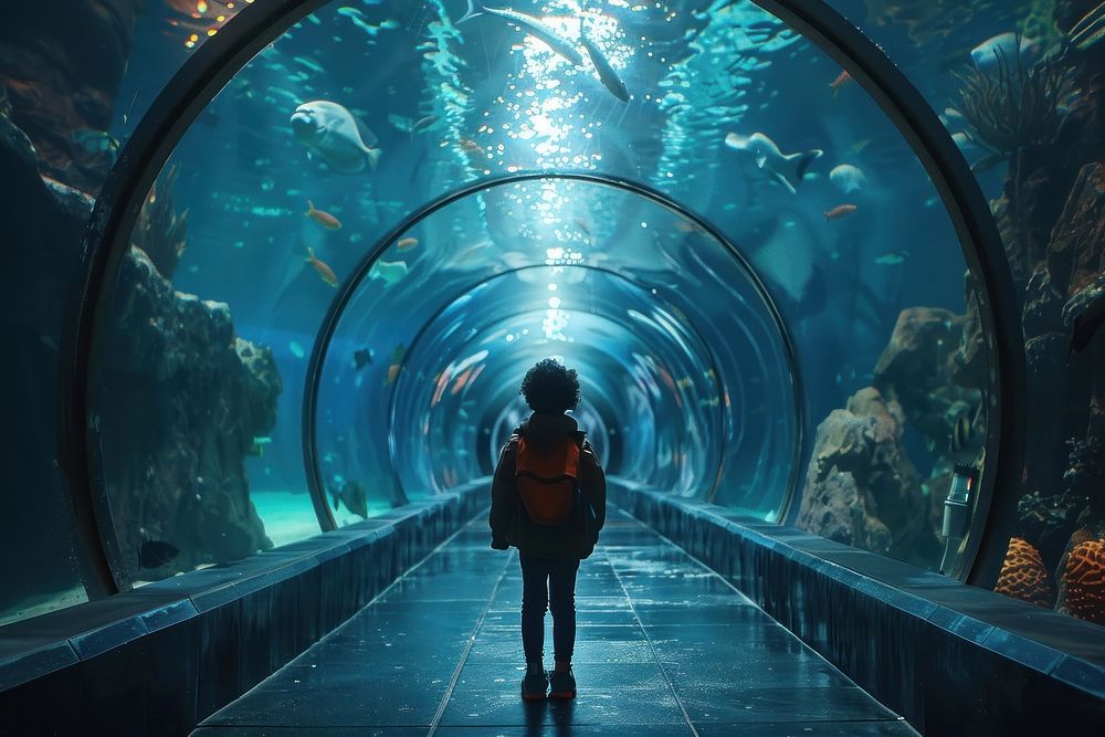 Kid explorer tunnel in aquarium outdoors nature adult.