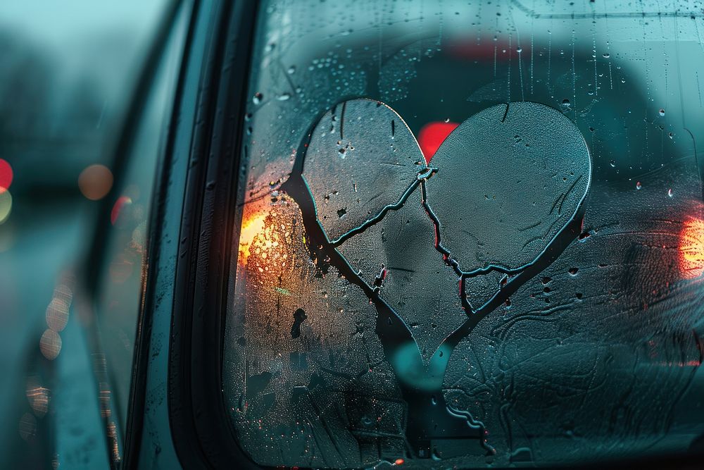 Broken heart doodle silhouette car vehicle window.