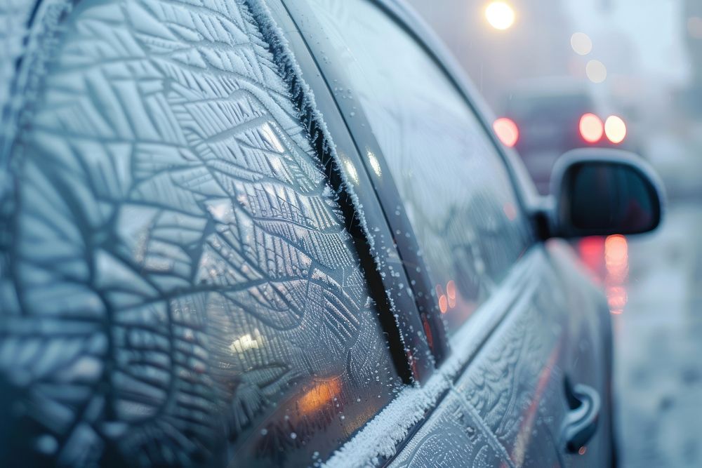 Frozen fogged on car backgrounds vehicle window.