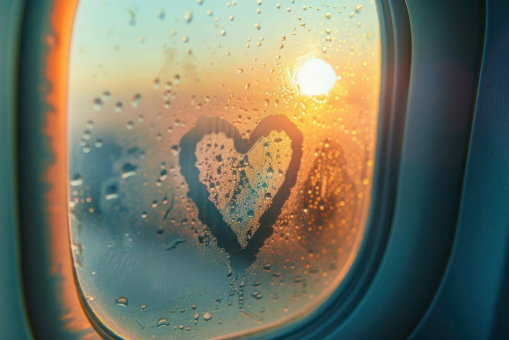 Heart doodle silhouette airplane window glass.