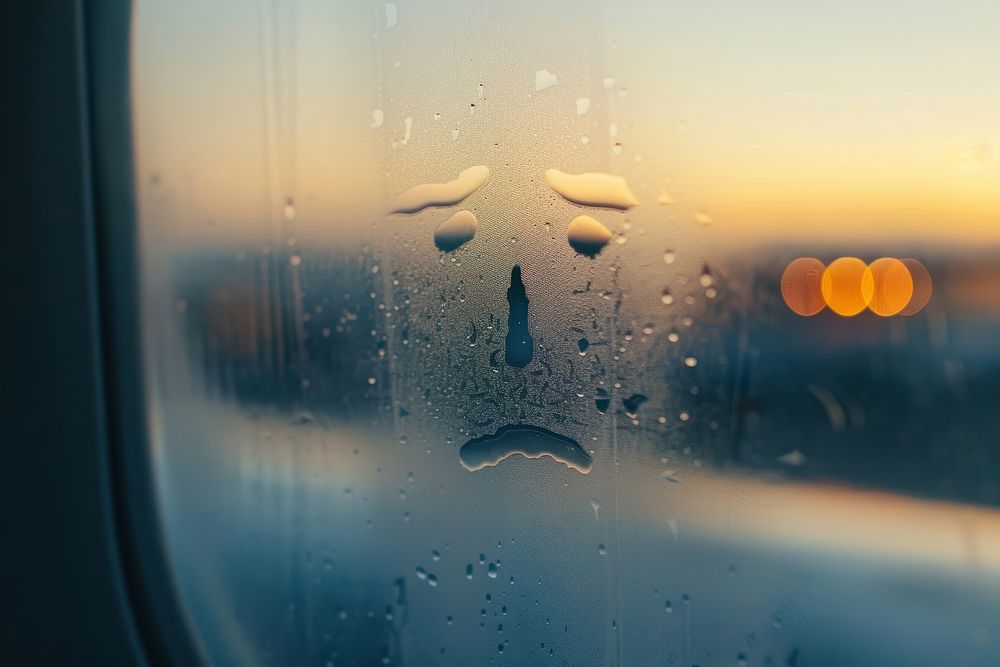 Sad face doodle silhouette airplane window glass.